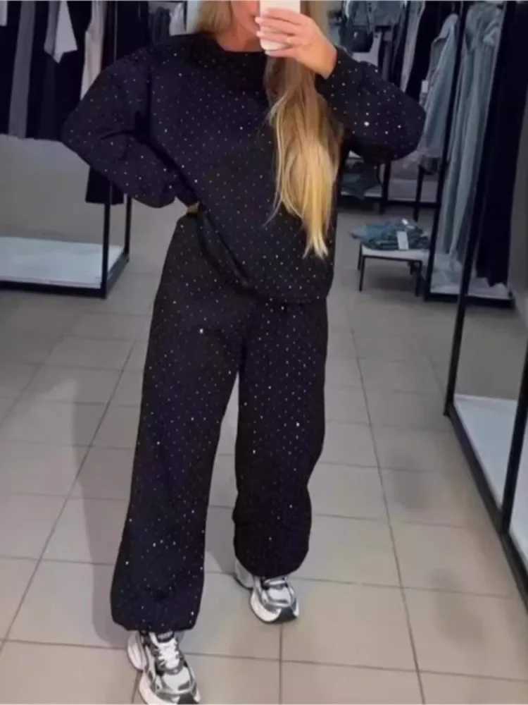 Fashion Rhine Shiny Sportswear O-neck Sweater Tie Trouser Tracksuit Trendy Sport 2 Peice Set Spring and Autumn W250108