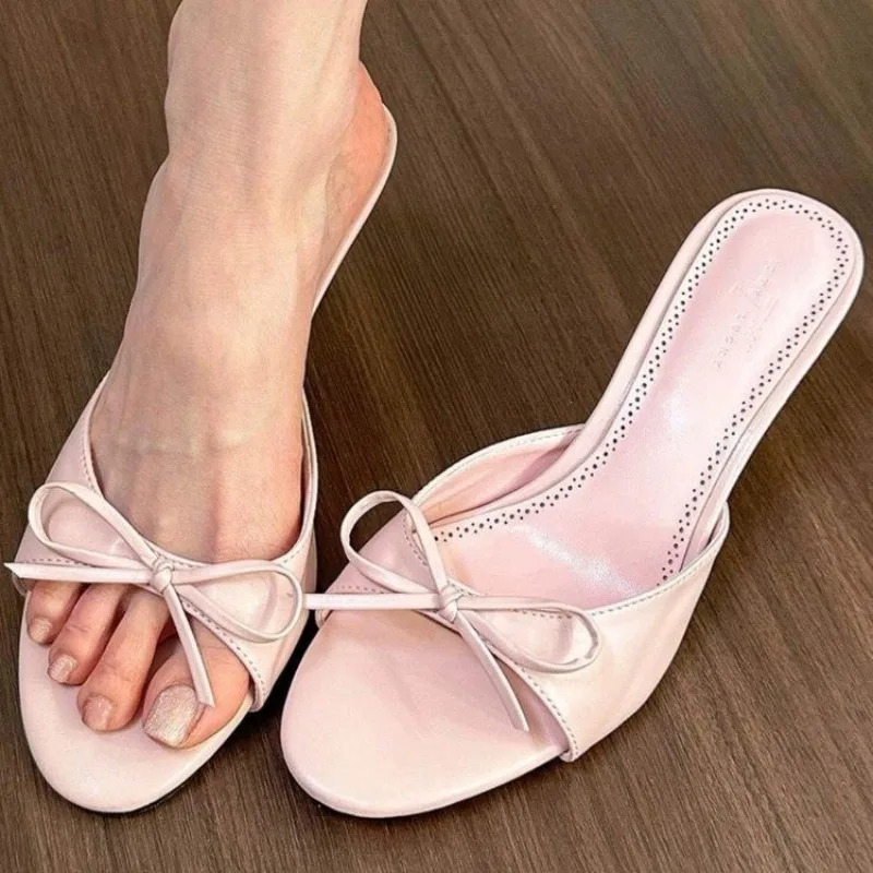 Fashion Bow Ladies High Heels Womens Open Toe Stiletto Slippers Womens Shoes 2024 Summer Classic Solid Color Sandals 250107