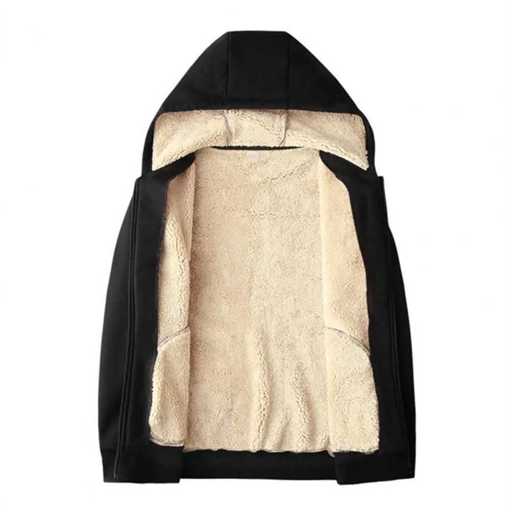 Autumn and winter mens outerwear with long sleeves drawstring pockets zipper closure cardigan sweater wool lining hooded jacket W250108