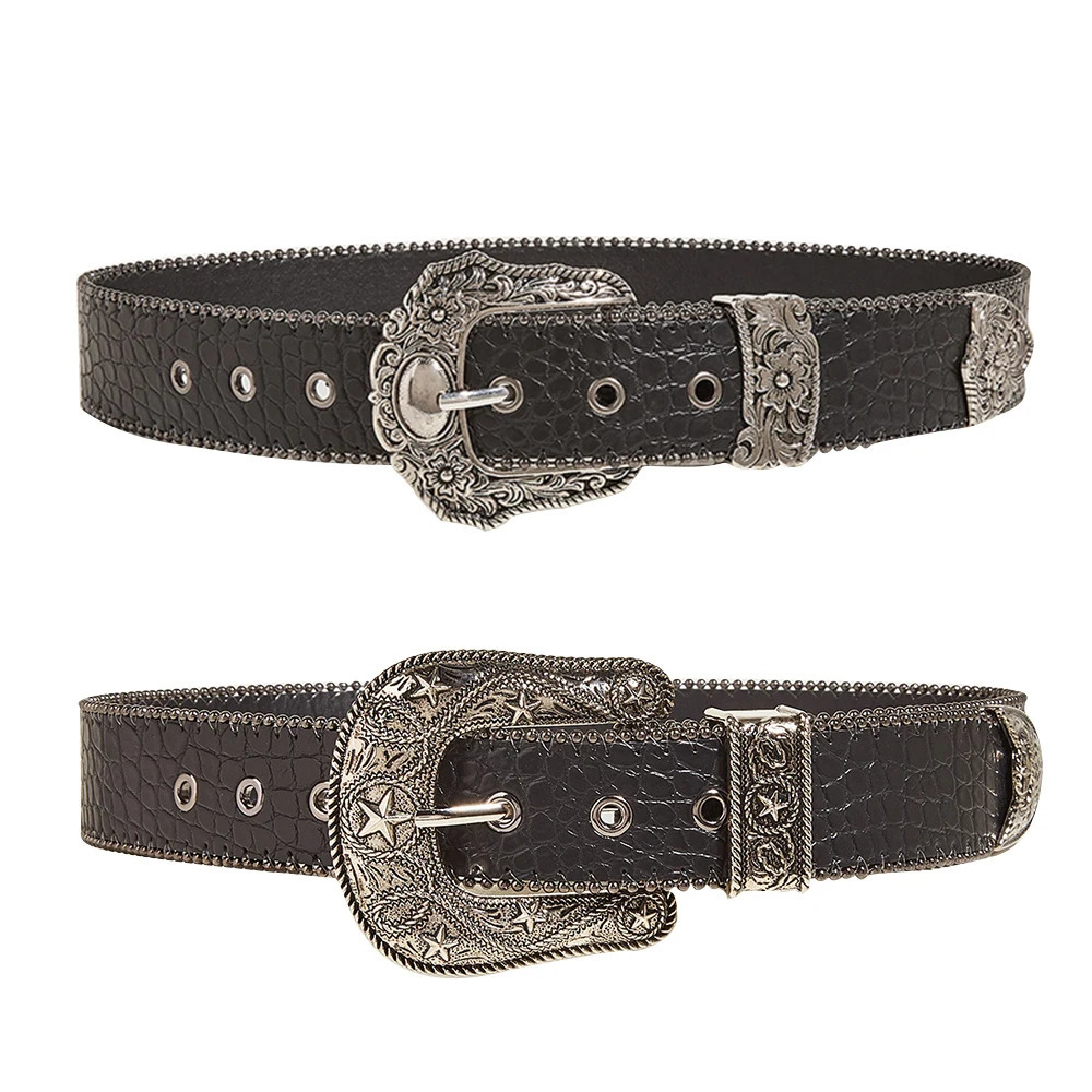Fashion Gothic Pu Belt for Women Alloy Buckle Jeans Waist Strap Stone Pattern Female Jeans Waistband Y2k Accessory 250107