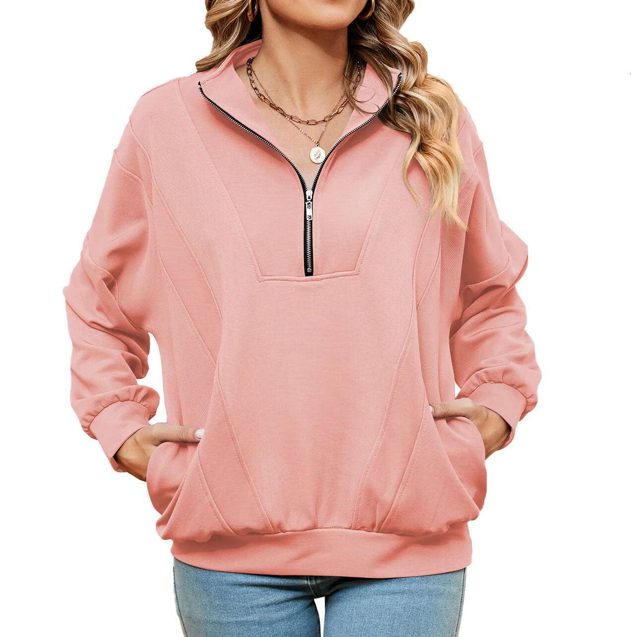 New Fashion Stand Up Collar Zipper Pocket Solid Color Long Sleeve Casual Women's Designer Sportswear