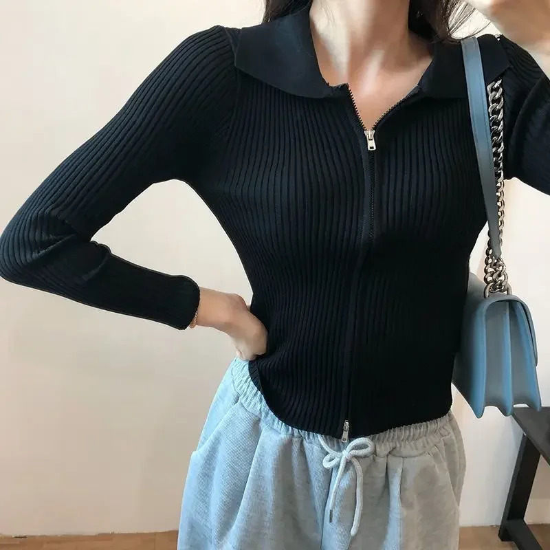 Womens polo Collar Knitted Cardigan 2024 Early Autumn Slim Fit Slimming and Short Double-Headed Long-Sleeve Zipper Top 250107