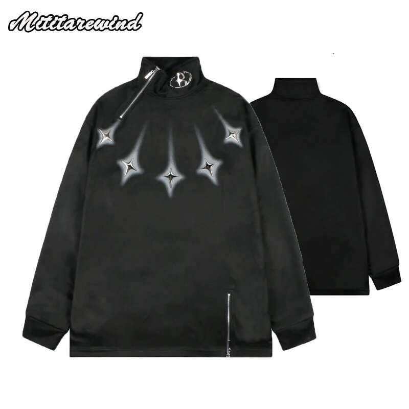Men's Sweatshirts High Street Turtlr Stand Collat Suede Trendy Print Pullovers For Men Loose Zipper Design Streetwear Hip Hop