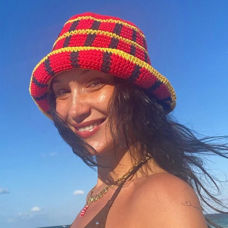Japanese Korean Color Contrast Plaid Bucket Hat Women Ins Handmade Crochet Hat Summer Vacation Beach Hat Casual Knitted Hat 250107