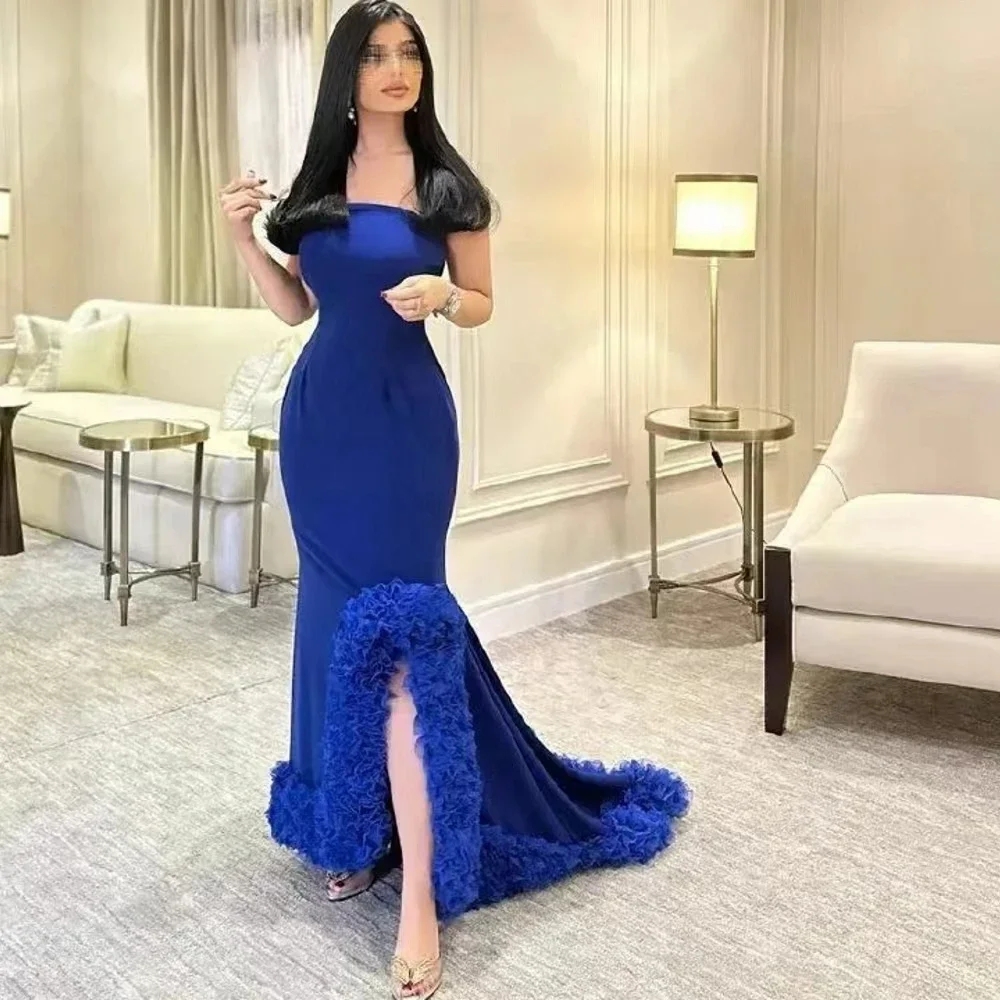 Blue Royal Evening Banquet Dress Strapless Side Split Ruffles Train Satin Prom Formal Party Gowns Celebrity Style Robe De Soiree