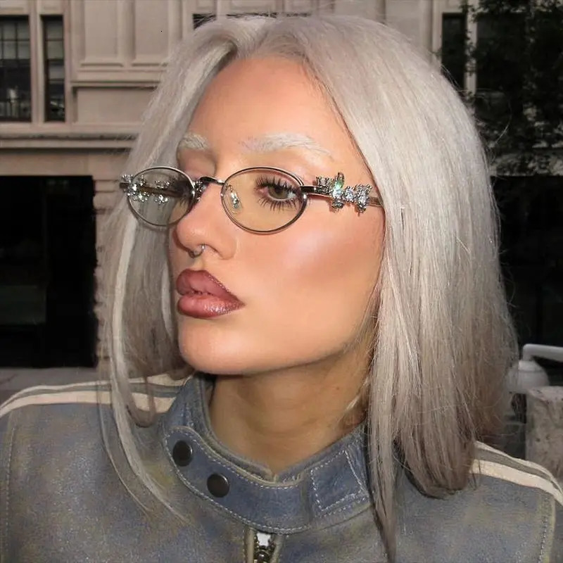 Oval Shades Rhinestone Sunglasses Bling Eyeglasses Frames Clear Lens Small Round Women Men Metal Retro Diamond Frame Eyewear 250107