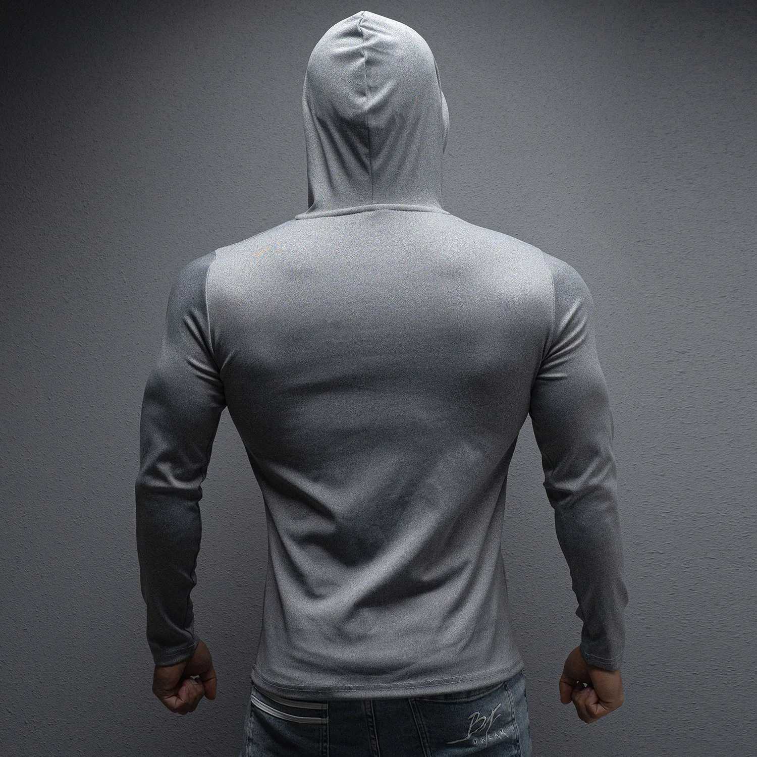 Spring and autumn fitness T-shirt mens long sleeved quick drying gym tight fitting exercise thin top training T-shirt mens hooded sweatshirt W250108