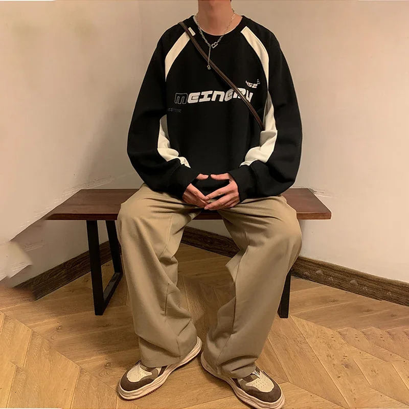 American High Street Letter Print Sweatshirt Men Autumn Oversized Colorblock Pullover Hoodies Y2K Vintage Sudaderas Para Hombres 250107