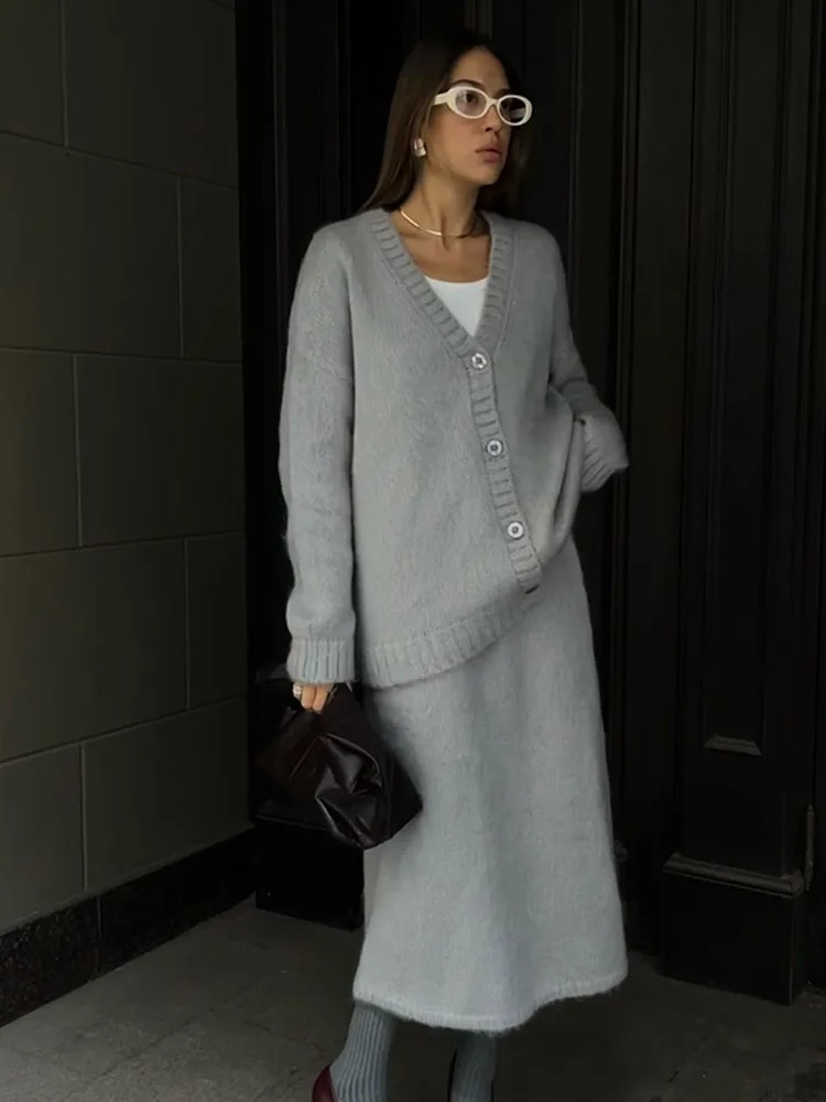 Mohair V-neck Cashmere Cardigan 2 Piece Sets Womens Solid High Waist Loose Skirt Suits 2024 Lady Commute Street Knitwear 241225