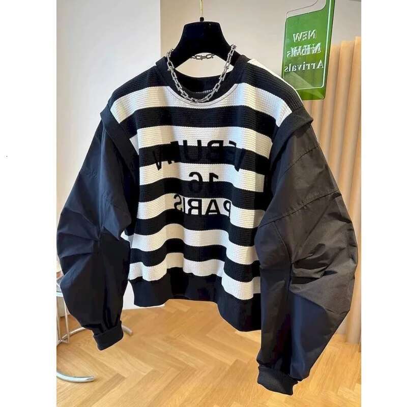 Oversized Pullovers Women Fashion Black White Striped Niche Pullover Tops Casual Loose Fake Two-Piece Long Sleeve Tshirt Autumn