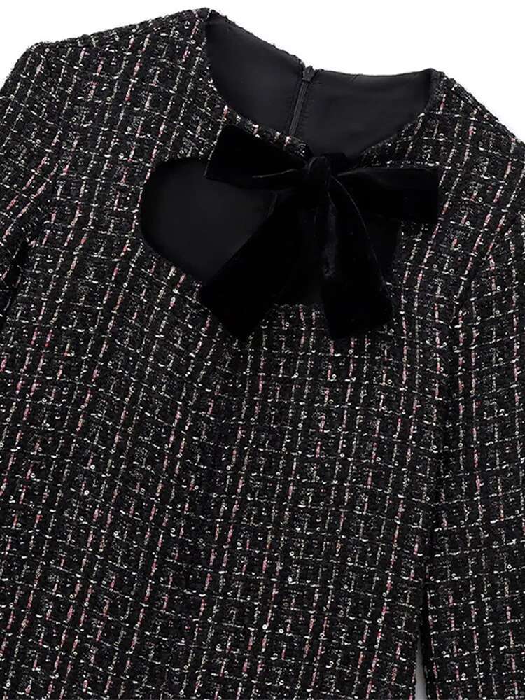 Fashion Bow Tweed Mini For Women 2025 Elegant Half Sleeve High Waist Evening Short Dress Female A-E Chic Party Vestidos