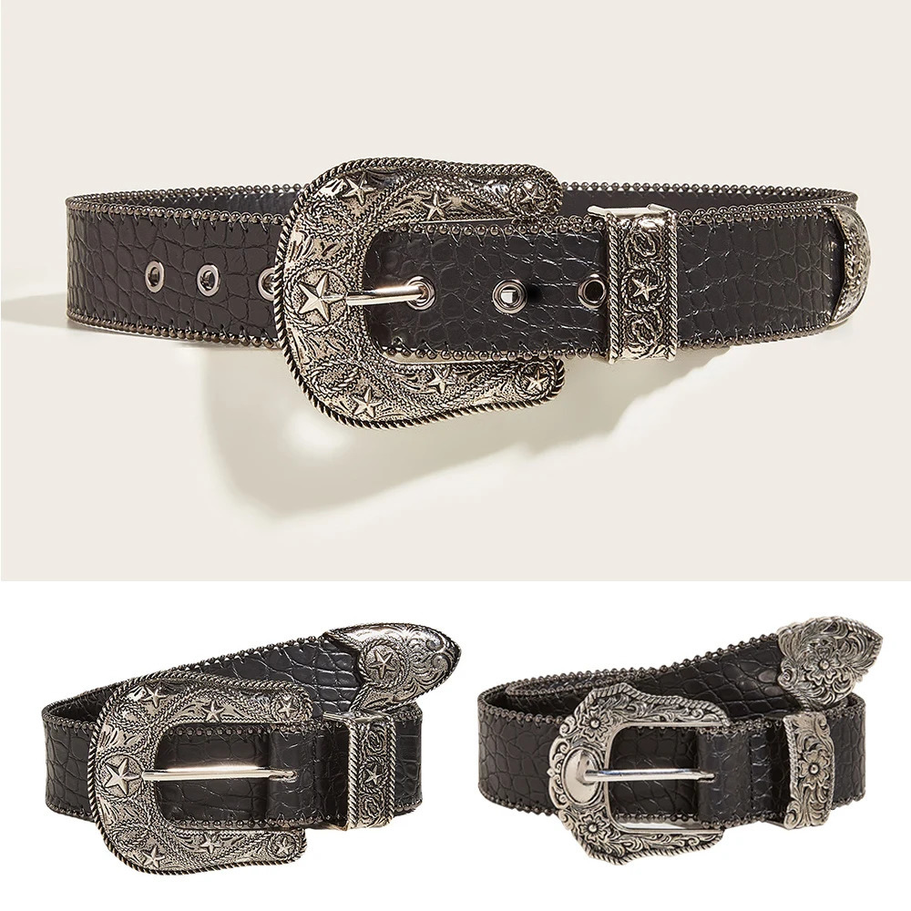 Fashion Gothic Pu Belt for Women Alloy Buckle Jeans Waist Strap Stone Pattern Female Jeans Waistband Y2k Accessory 250107