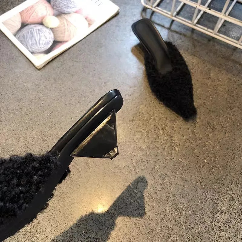 Sexy er Women Pointed Toe Fur Mules High Heels Slippers Outdoor Slides Party Dress Pumps Zapatillas Mujer 250107