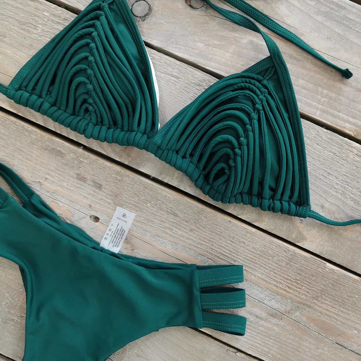 Comfortable Brazilian G-String Swimwear Bandage Stripes Trim Halter Female Bikini Set 2024 Fashion Chest Pad Beachwear250107