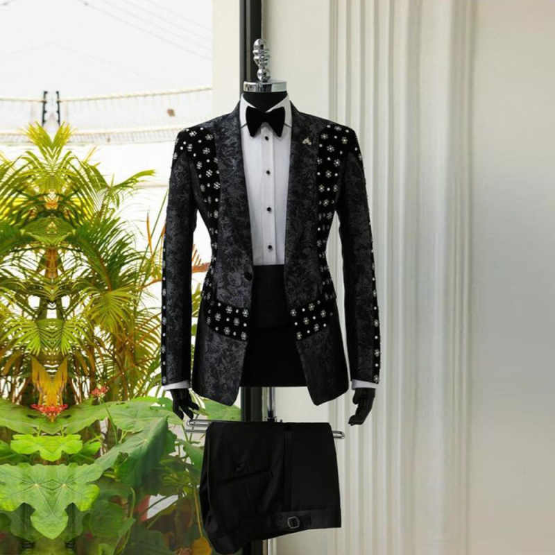 Customized Floral Pattern Mens Wedding Tuxedos Slim Fit Beading Groom Business Party Birthday Wear Jacket Pants Suits 2 Pieces