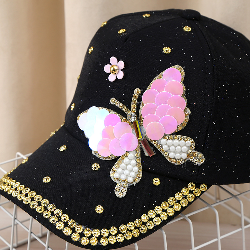 Korean version of the fashion tide hundred hats female butterfly rhinestone with diamond duck tongue cap ladies fashionable sunscreen sun-shading base