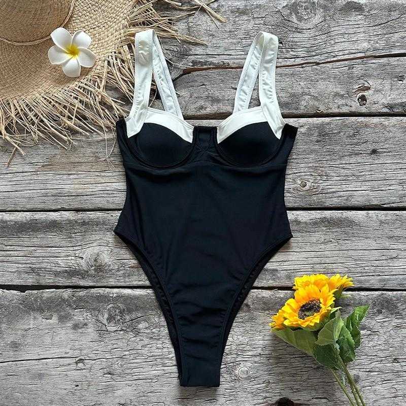 2025--Womens Swimwear Black White One Piece Swimsuit Sexy Solid Women Bathing Suit Beach Backless Monokini Female