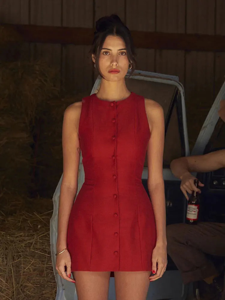 Elegant Y2K Button Up Mini Dress Women Sleeveless O-neck Single Breasted Red Black Dresses 2024 Summer Fashion Lady Streetwear 250107