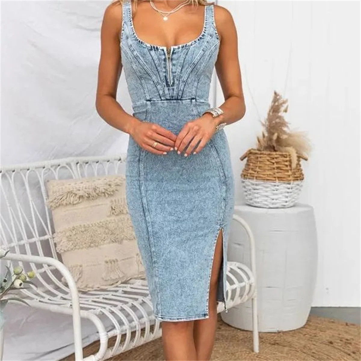 Summer U Neck Halter Denim For Womens Dresses Fashion Slim Fit Wrap Hip Retro Female Party Sexy Split Sleeveless Dresses 250107