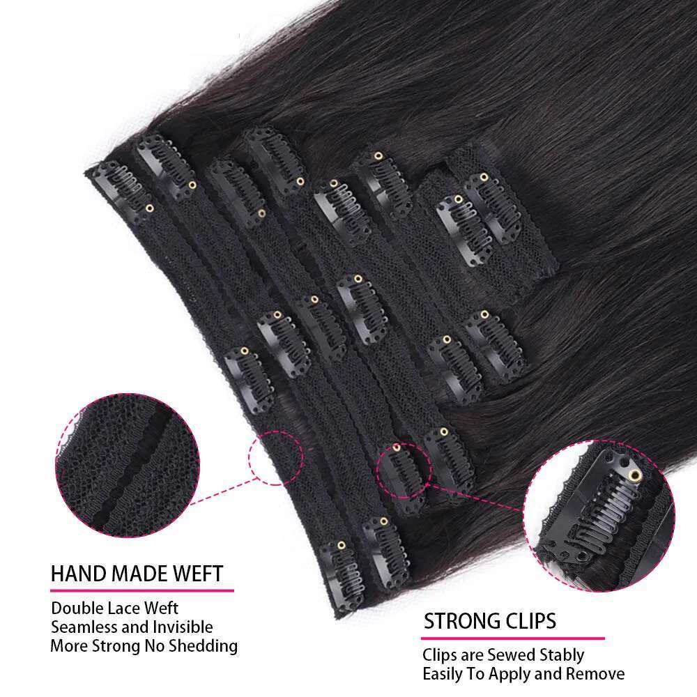 Straight Brazilian Human Hair Clip In Full Head Seamless Natural Black 1B For Women