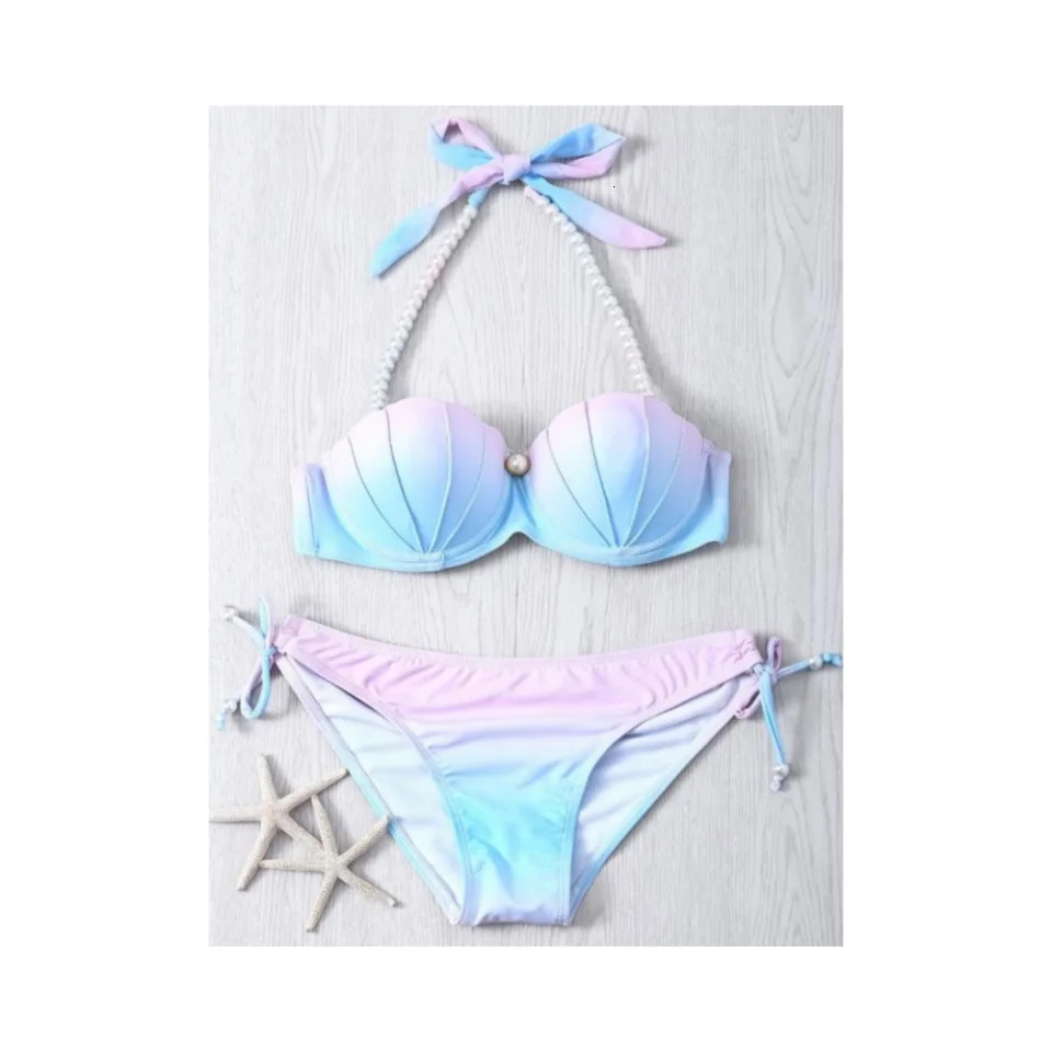 Women Mermaid Bikini Polyester Gradient Swimsuit Tight Backless Swimwear High Bounce Summer Bathing Suit Beachwear 250106