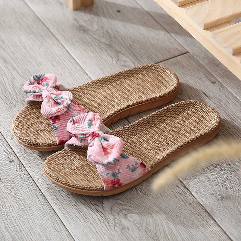 New Arrival Summer womens slippers family womens bow flat slippers linen flip up Bohemian beach sandals slippers Chaussure womens T250108