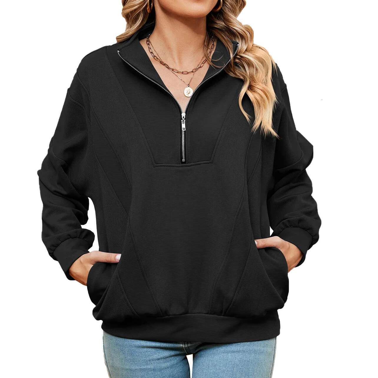New Fashion Stand Up Collar Zipper Pocket Solid Color Long Sleeve Casual Women's Designer Sportswear