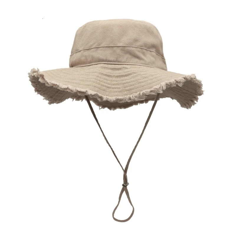 Frayed Fisherman Hat with Adjust Chin Rope Anti-Uv Fisherman Hat for Adult Wide Brim Bucket Hat 250107