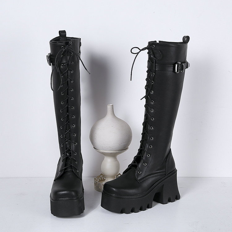 Knee Chunky High Boots Women Platform Goth Punk Heels PU Leather Black Retro Long Winter Shoes Female Lace Up Rain Boot EU35-39