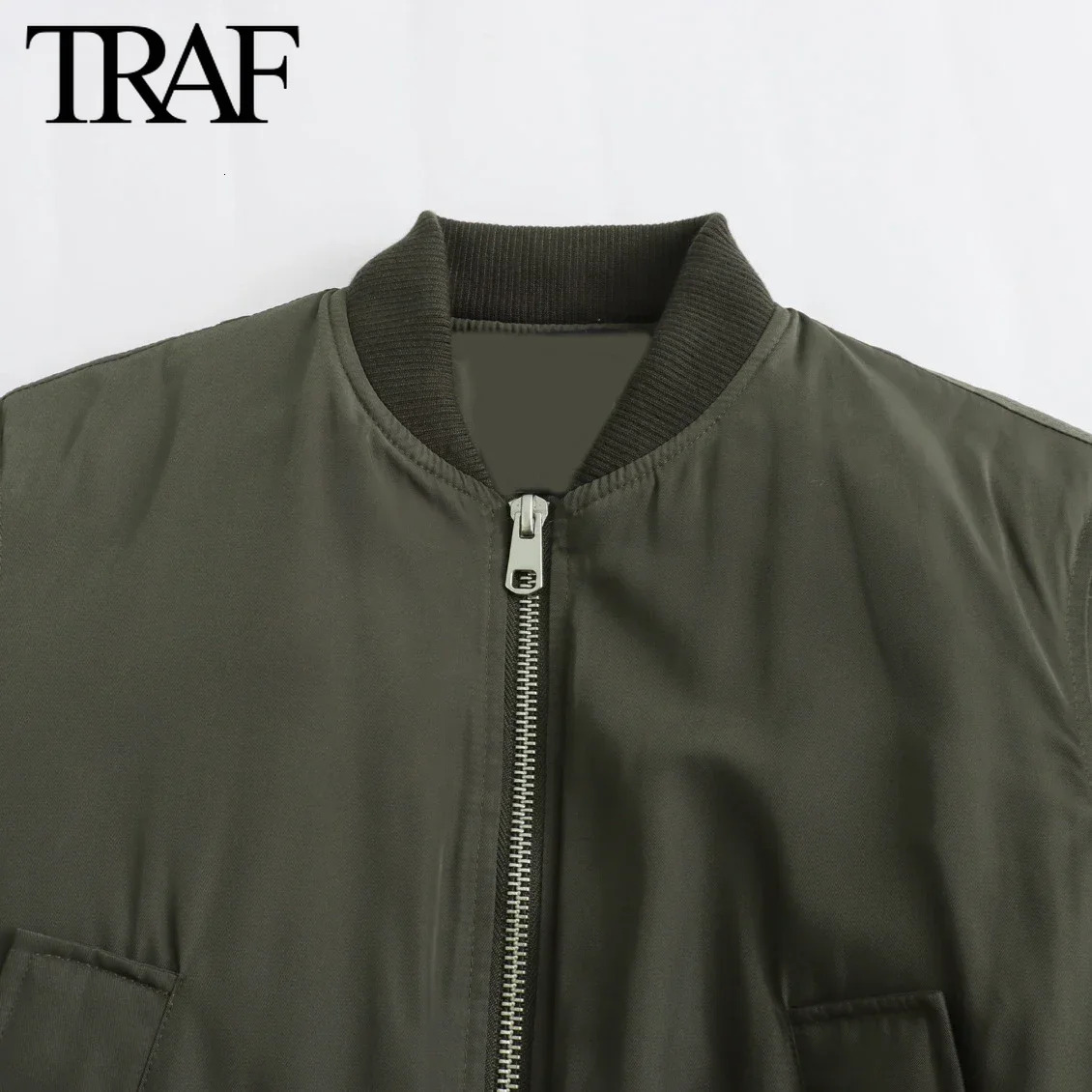 TRAF Women Fashion Autumn Winter New Pocket Solid Pilot Jacket Long-Sleeved Zip Stand Collar Short Coats Chic Female Tops