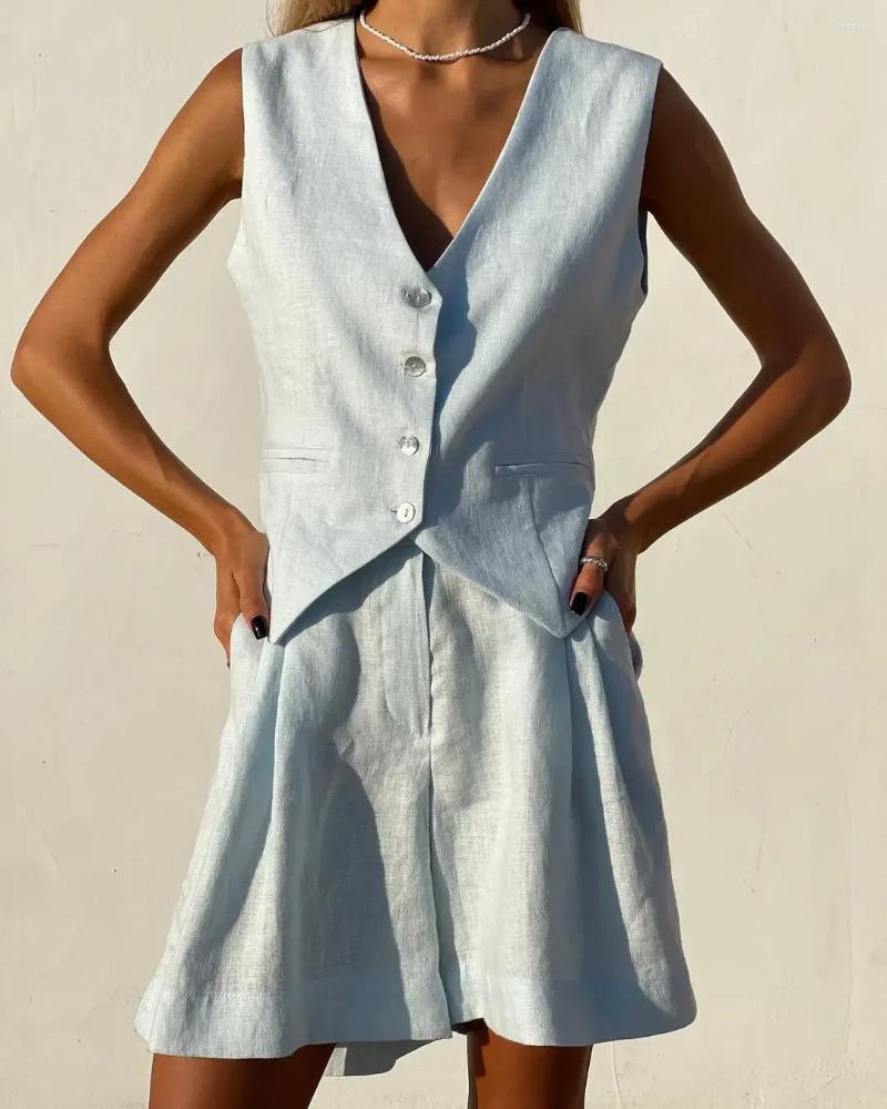 Womens Tracksuits Solid Cotton Linen Shorts 2 Peice Suit Single Breasted Button Sleeveless Vest Pockets Set Women 2025 Street Outfits
