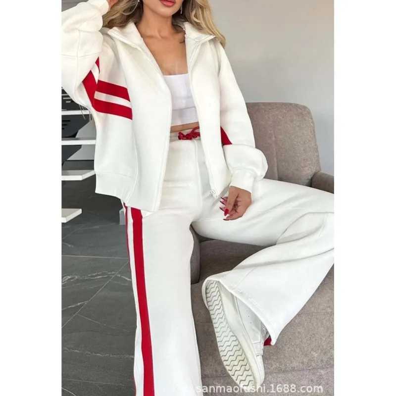 Fashion contrast striped patchwork workwear casual zipper long Sved hoodie lace straight three person walking two-piece set autumn W250108