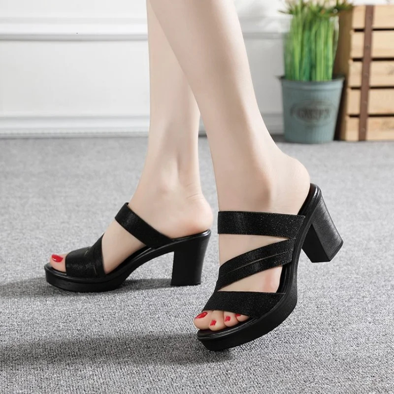 Women Slippers Chunky High Heel Summer Womens Peep Toe Platform Ladies Shoes Slides Ladies Daily Casual Slippers Sandals 250107
