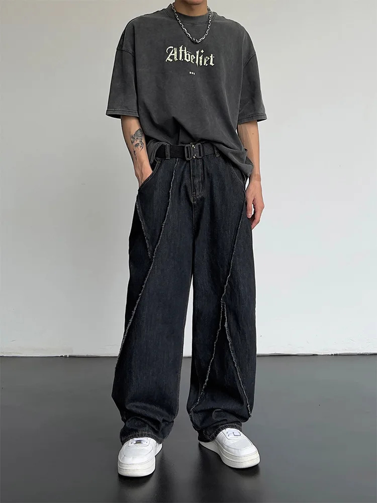 2024 Men HipHop Distressed Jeans Pants Ripped Patchwork Denim Male Oversized Loose Casual Streetwear Wide Leg Trousers 250106