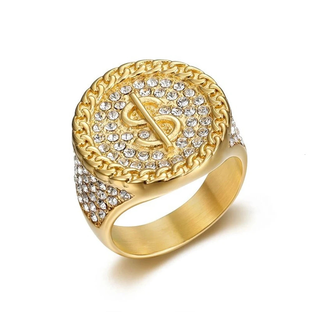 Wholesale Hip Hop Iced Out Big Dollar Signs Ring Male Gold Color Stainless Steel Money Band Rings For Men Dad Hiphop Jewelry 250107