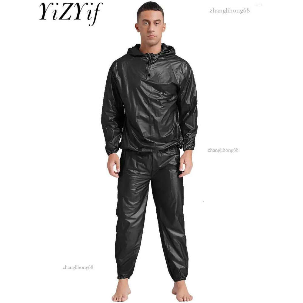 Men's Tracksuits Mens Sauna Sweat Outfit Heavy Duty Fitness Weight Loss Suit Exercise Gym Anti-Rip Hooded Jacket And Long Pants