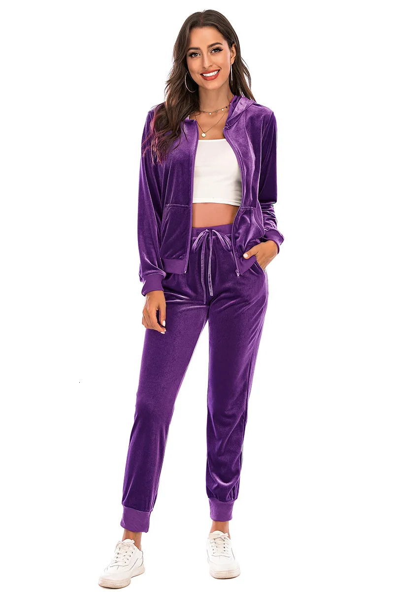 Velour Tracksuit Womens 2 Piece Sweatshirt Sweatpants Set Hoodie Sweatsuit with Pockets Casual Sportswear Autumn Winter Gym 250106
