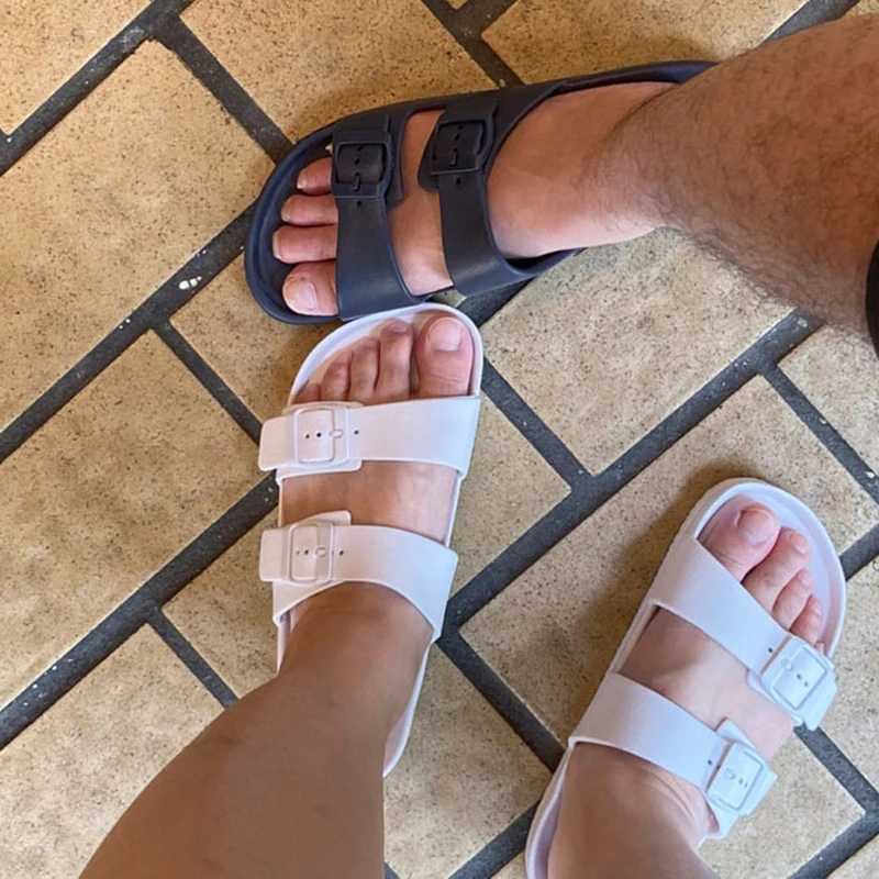 New Arrival Hot selling fashionable double button thick soft bottom platform slider womens open sole flip outdoor beach slider flat sandals T250108
