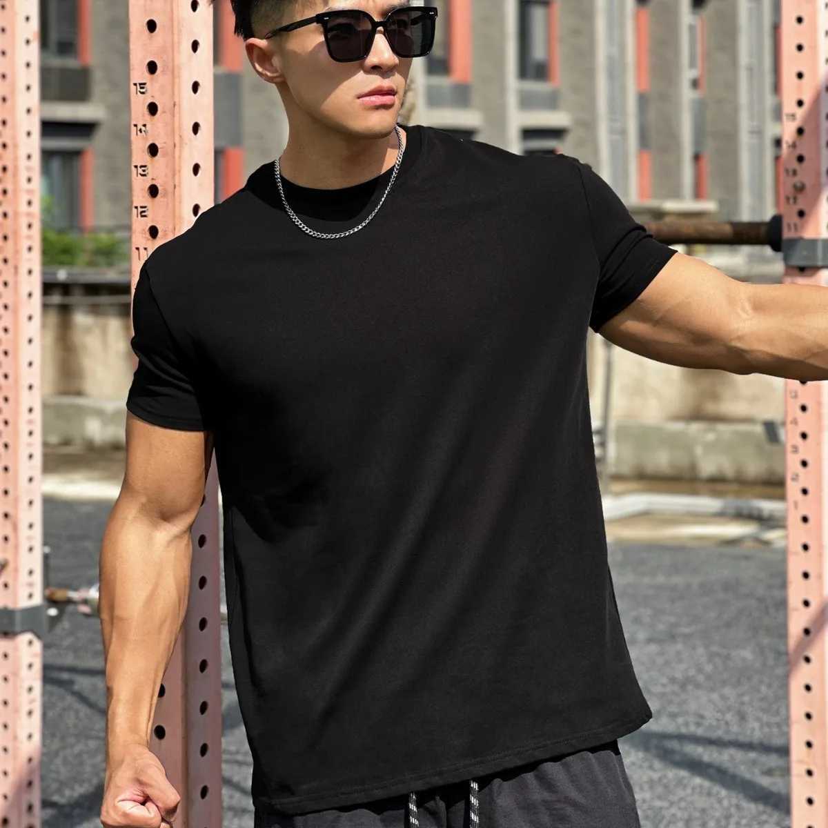 High Quality Gym black muscle exercise loose cotton fitness short sleeved mens basketball autumn running training elastic sports T-shirt T250108