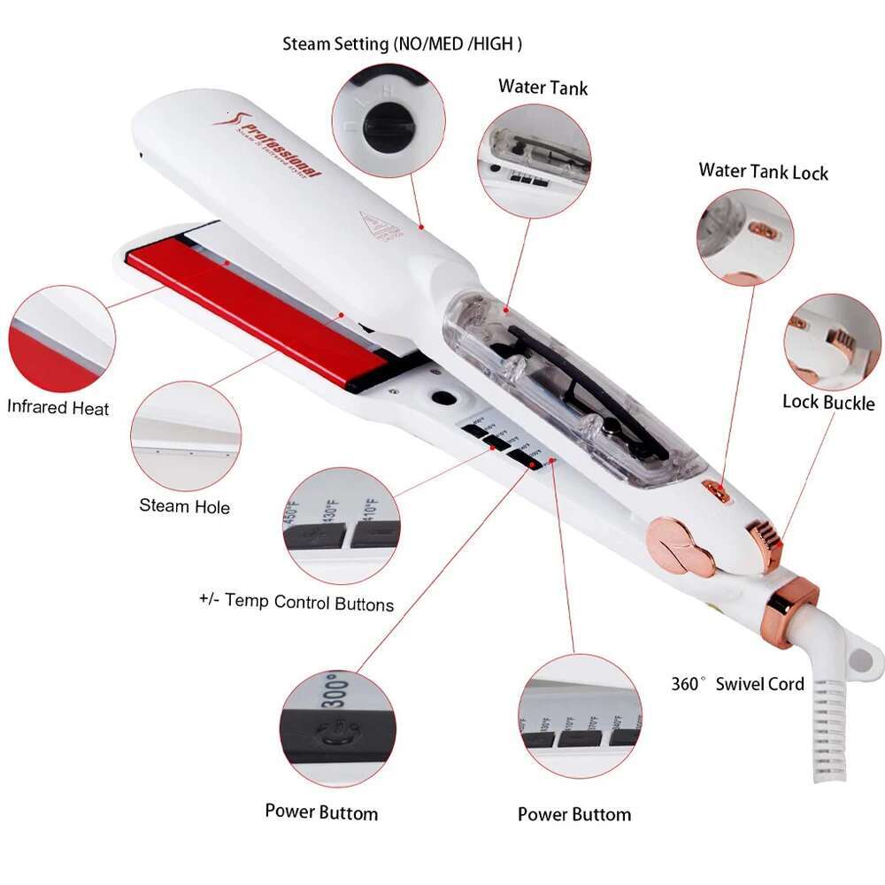 Infrared Steam Hair Straightener Curler Ceramic Glaze Plate 450°F Fast Heating Vapor Flat Iron Straightening Irons Dual Voltage