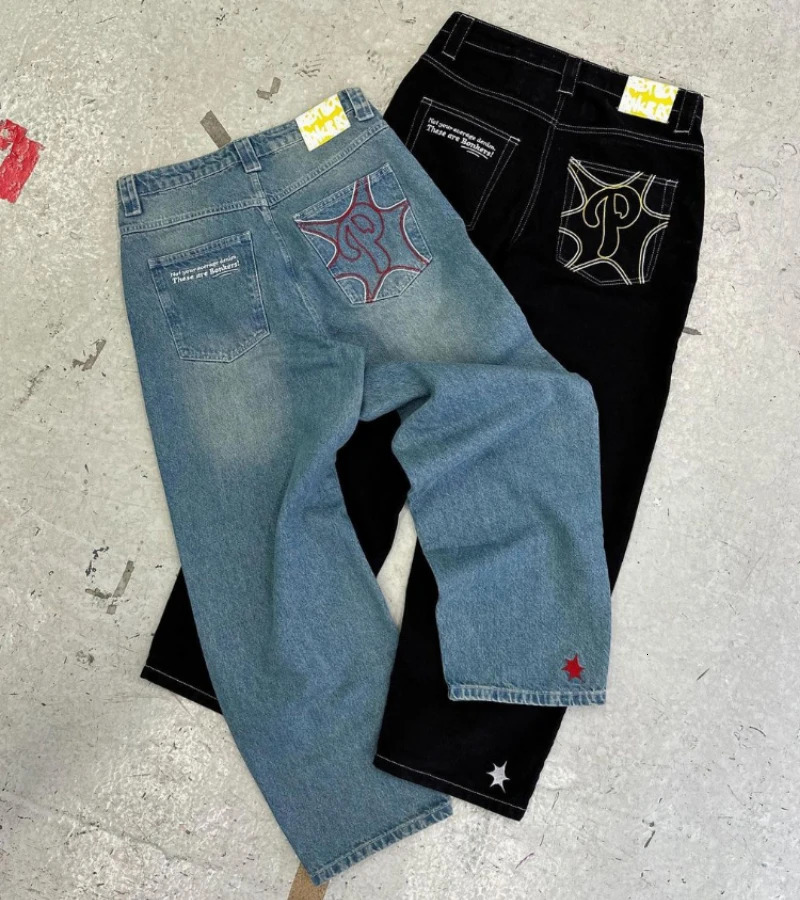 Y2k Men Retro Harajuku Clothing Baggy Casual Wide Leg Jeans Hip Hop Print Jeans Trend Fashion Black High waist Jean 250107