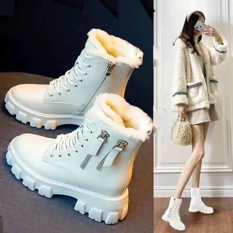 Pu Leather Platform Ankle Boots Women Lace-Up Zipper Thicked Plush Snow Boots Woman Winter Non-Slip Warm Cotton Shoes 250103