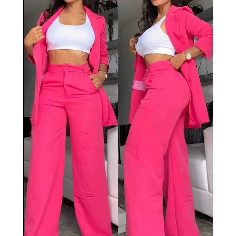 Newly arrived Temperment Spring womens solid color Ele long sleeved lapel set with pockets and straight leg pants set W250108