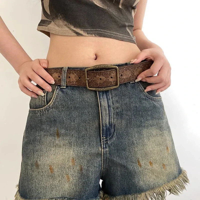 Pattern Print Retro Y2K Belts for Women er Buckle Pin Waist Belt Female Pu Leather Hip Hop Fashion Waistband 250107