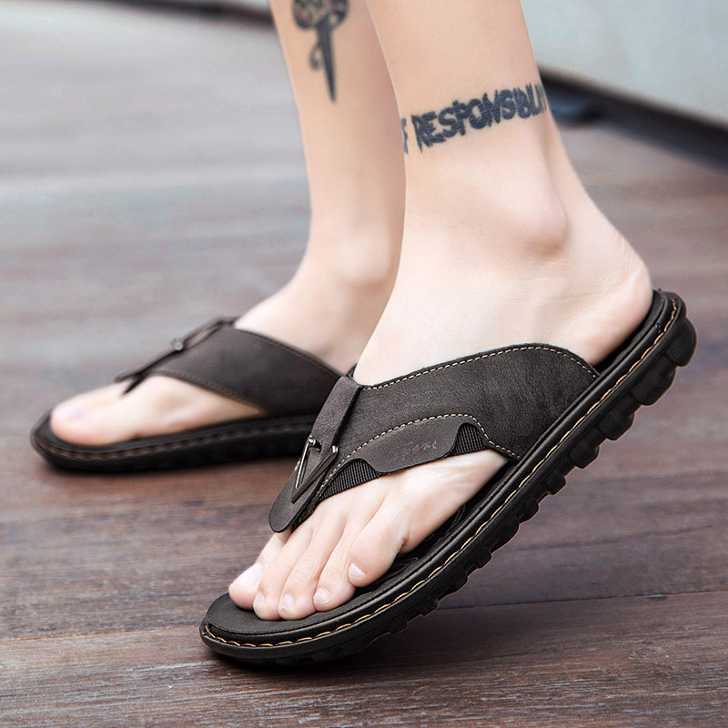 Men Slippers Fashion Flat Bottom Flip-flops Outdoor Trendy Beach Sandals Anti-slip Triple Grey Brown Free shipping