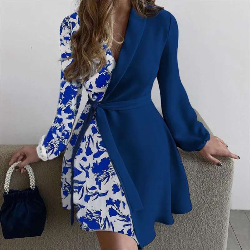 Women Summer Style One-Piece Color Blocked Dress With V-Neck Long Sleeved High Waisted Lace Up Retro Ral Short Skirt