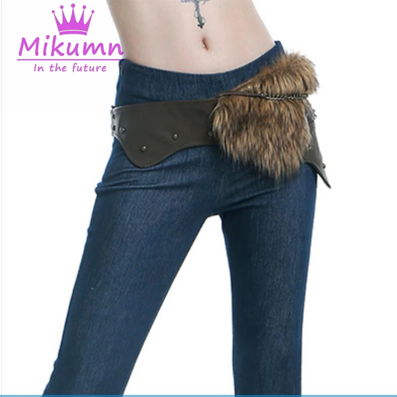 Y2K Harajuku Retro Western Cow Punk Furry Fur PU Chain Irregular Waist Belt Streetwear 250107