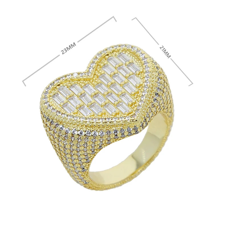 Full Iced Out Bling Hollow Heart Ring Gold Silver Color 5A CZ Micro Pave Cubic Zircon Rings Hip Hop Punk Men Women Jewelry 250107