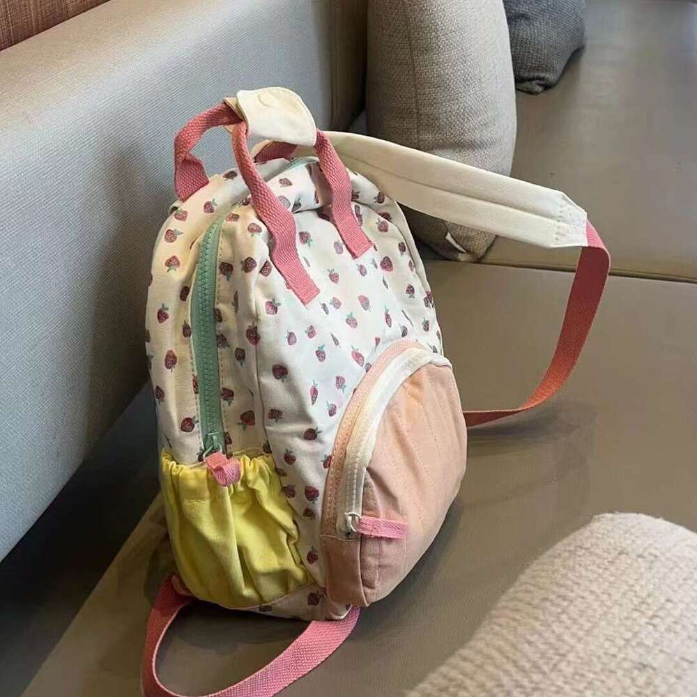 2025 new canvas strawberry for children and girls dopamine color blocked cute casual travel backpack