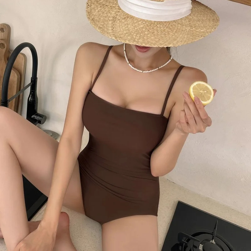 Sexy One Piece Solid Swimsuit with Cover Up Bathing Suit Women Swimwear Monokini Bandeau Korean Padded Beach Wear 250108